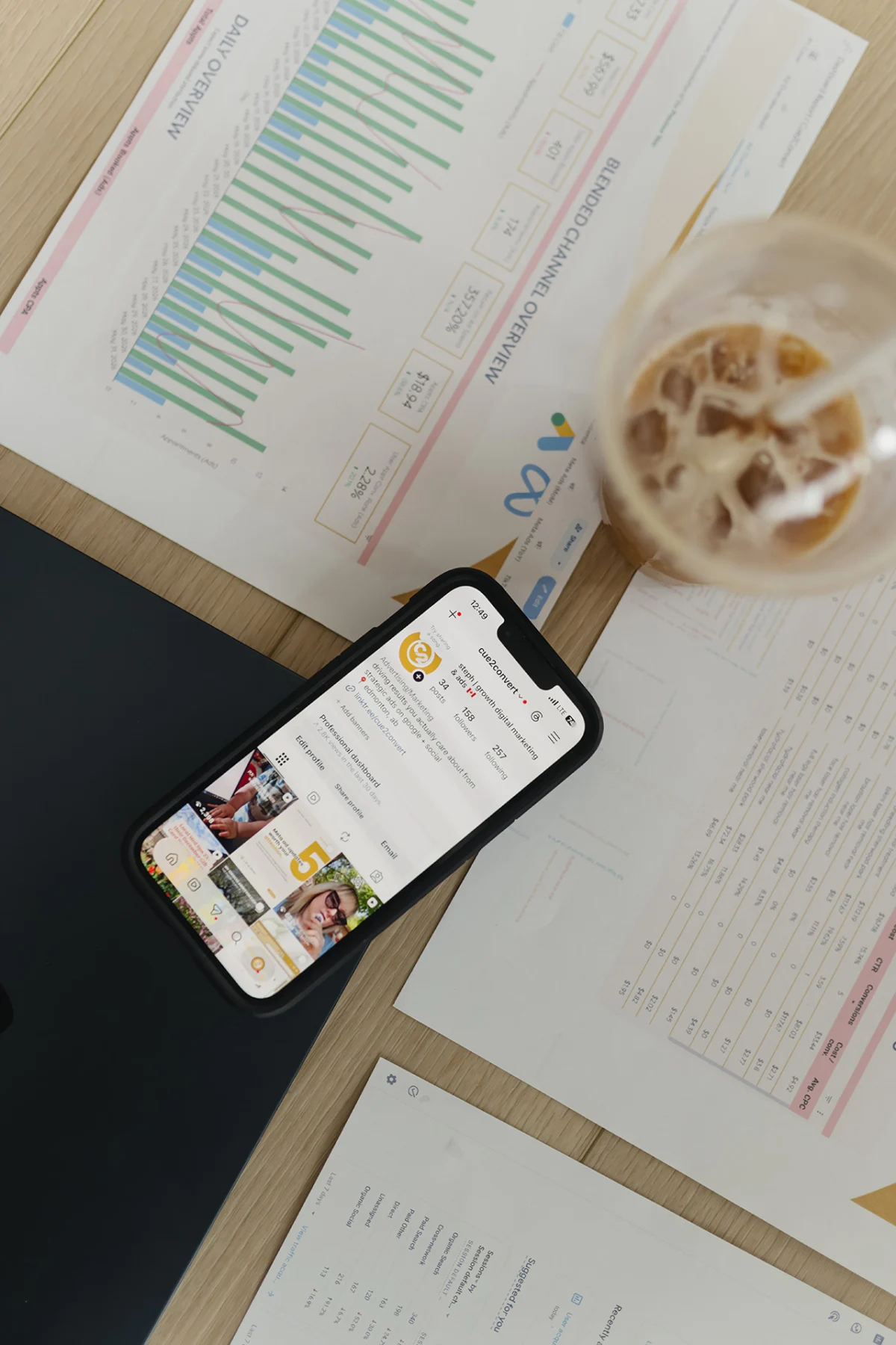 Overview shot of a phone highlighting Cue2Convert's Instagram page that's sitting on top of a graph showcasing the results of a client's paid advertising in Edmonton.